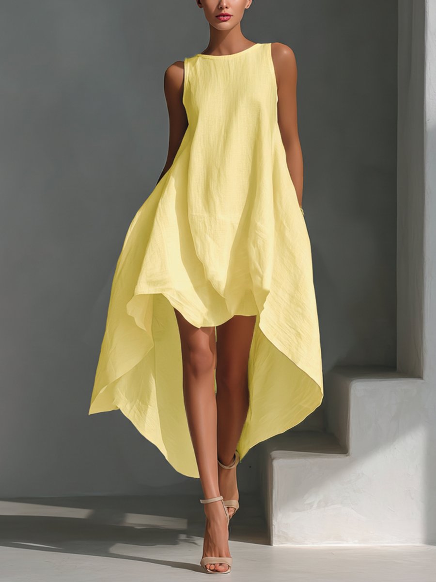 Amelia | Women's Sleeveless Asymmetric Handkerchief-Hem Linen Midi Dress