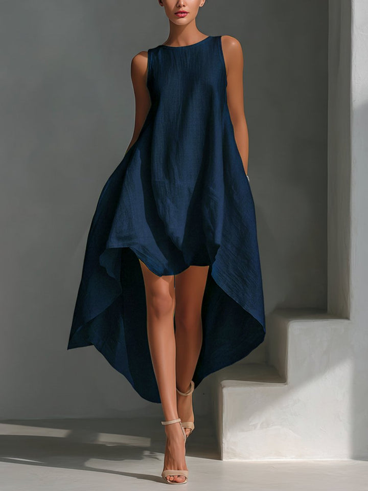 Amelia | Women's Sleeveless Asymmetric Handkerchief-Hem Linen Midi Dress