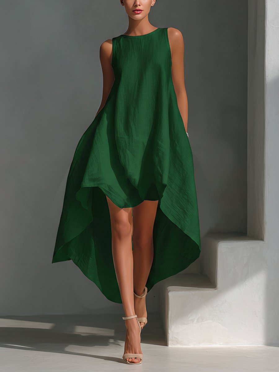 Amelia | Women's Sleeveless Asymmetric Handkerchief-Hem Linen Midi Dress