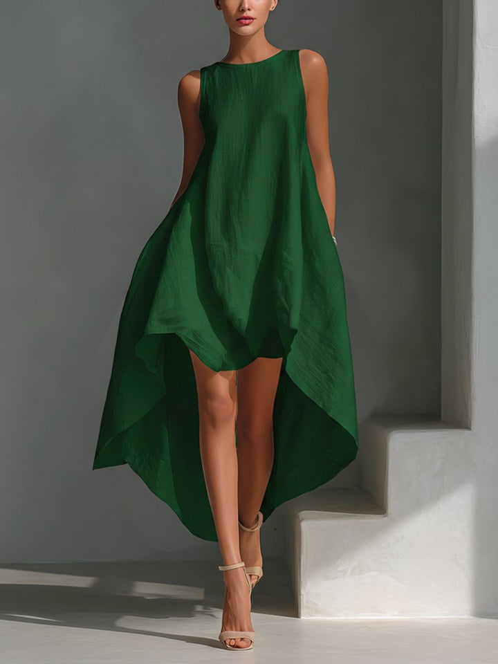 Amelia | Women's Sleeveless Asymmetric Handkerchief-Hem Linen Midi Dress