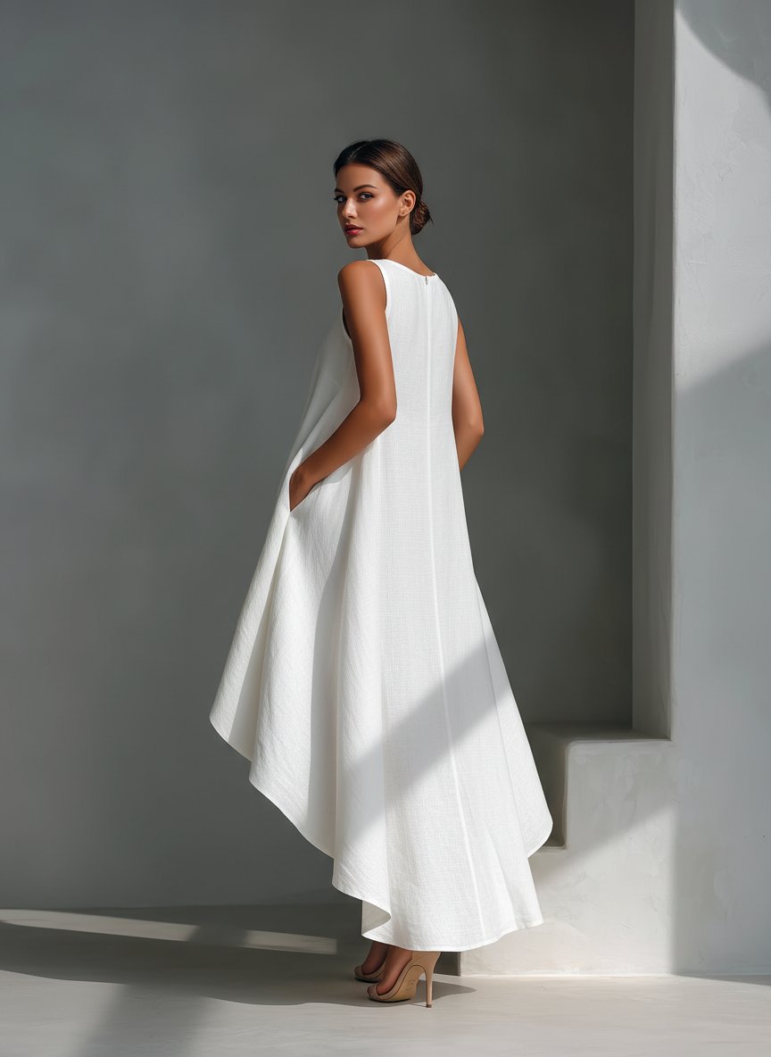 Amelia | Women's Sleeveless Asymmetric Handkerchief-Hem Linen Midi Dress