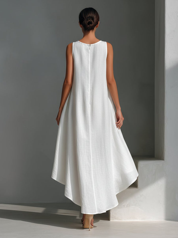 Amelia | Women's Sleeveless Asymmetric Handkerchief-Hem Linen Midi Dress