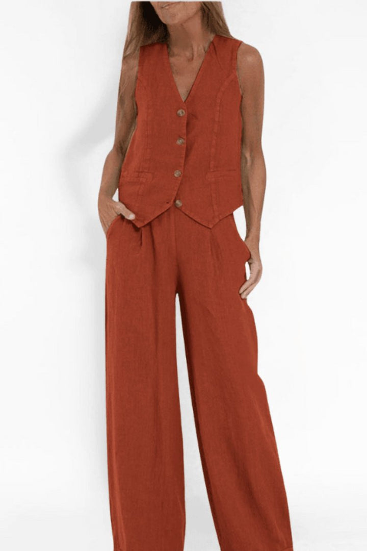 Ivy | Women's Sleeveless Button-Front Wide-Leg Two-Piece Set