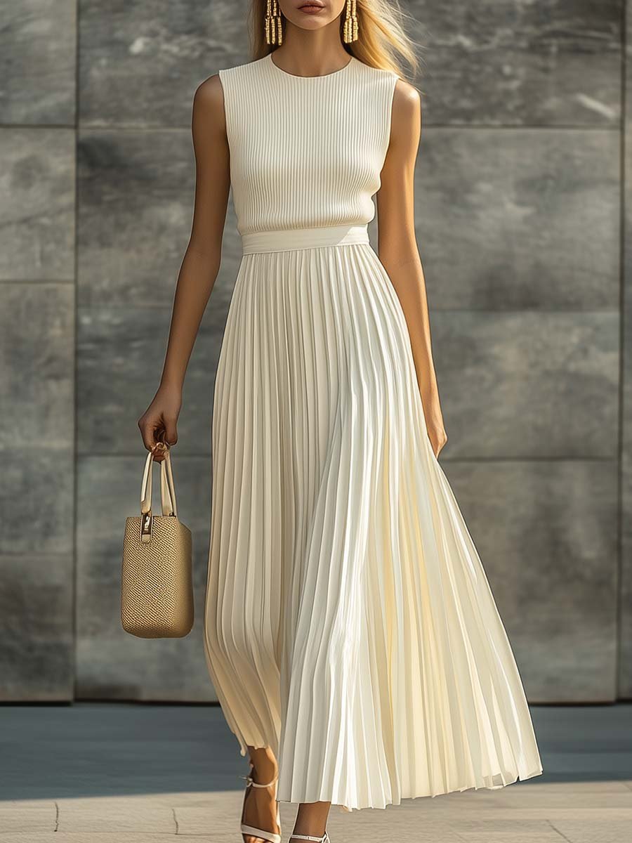 Evelyn | Women's Sleeveless Knit Pleated Chiffon Maxi Dress