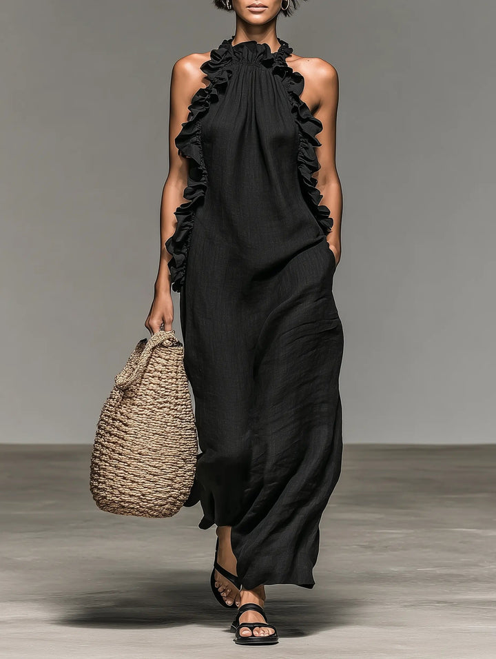 Willow | Women's Sleeveless Linen Halter Ruffle Maxi Dress
