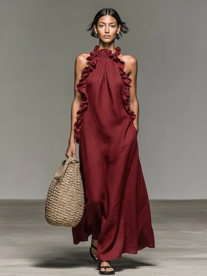 Willow | Women's Sleeveless Linen Halter Ruffle Maxi Dress