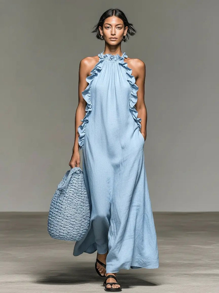 Willow | Women's Sleeveless Linen Halter Ruffle Maxi Dress