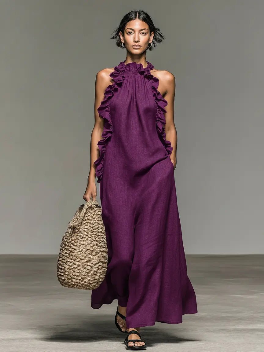 Willow | Women's Sleeveless Linen Halter Ruffle Maxi Dress