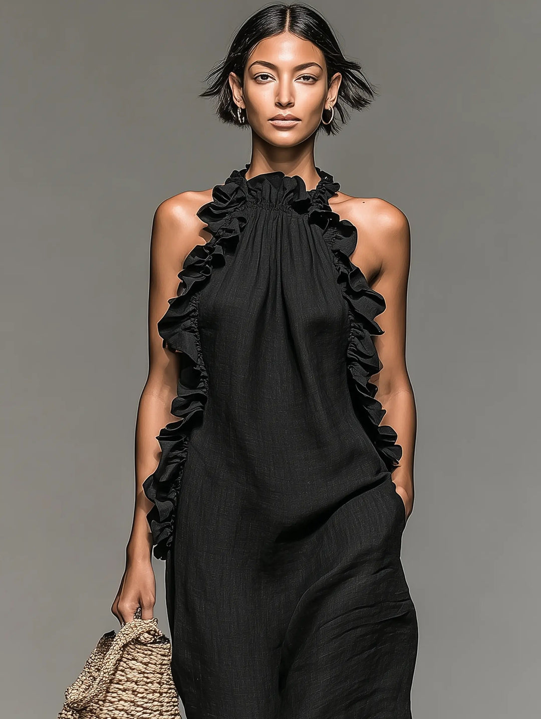 Willow | Women's Sleeveless Linen Halter Ruffle Maxi Dress