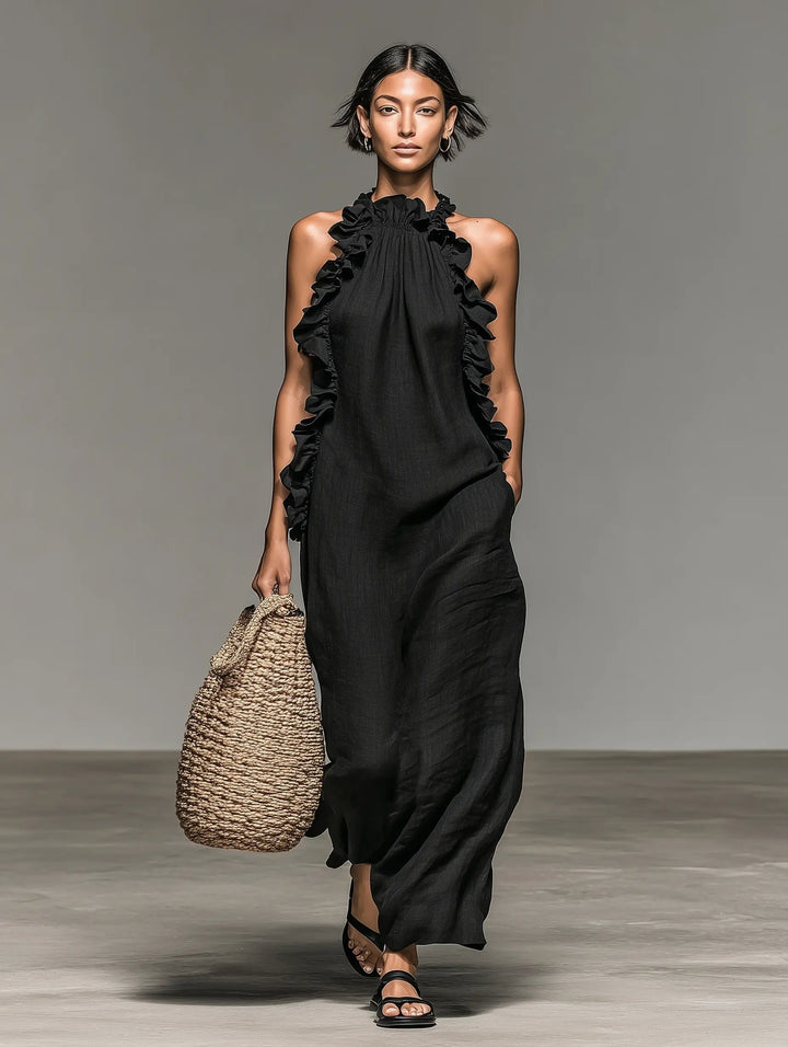 Willow | Women's Sleeveless Linen Halter Ruffle Maxi Dress