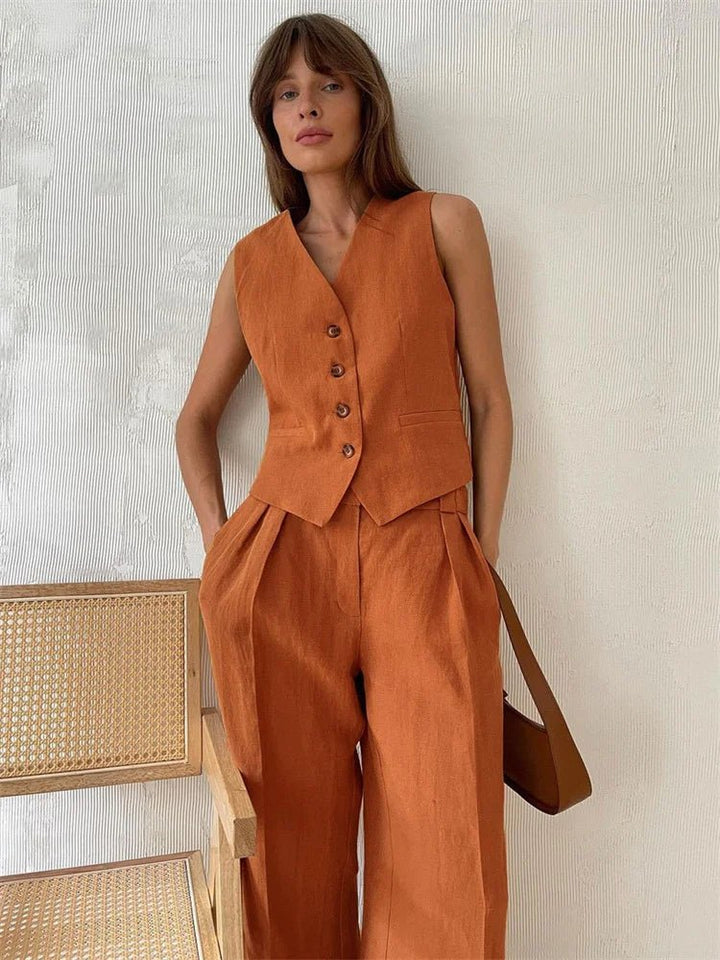 Amelia | Women's Sleeveless Linen Waistcoat Wide-Leg Trouser Set
