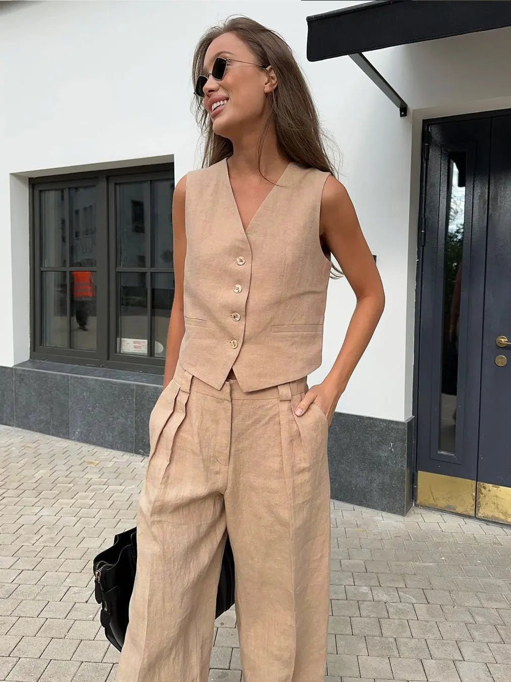 Amelia | Women's Sleeveless Linen Waistcoat Wide-Leg Trouser Set