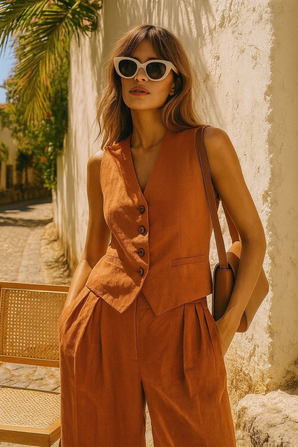 Amelia | Women's Sleeveless Linen Waistcoat Wide-Leg Trouser Set