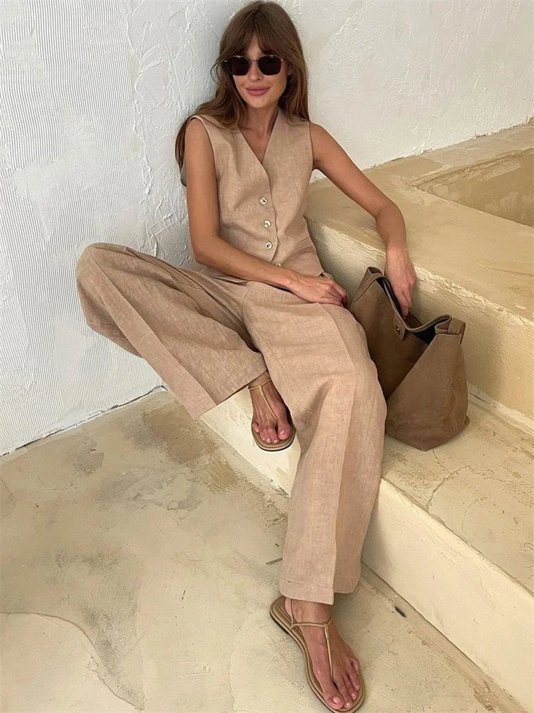 Amelia | Women's Sleeveless Linen Waistcoat Wide-Leg Trouser Set