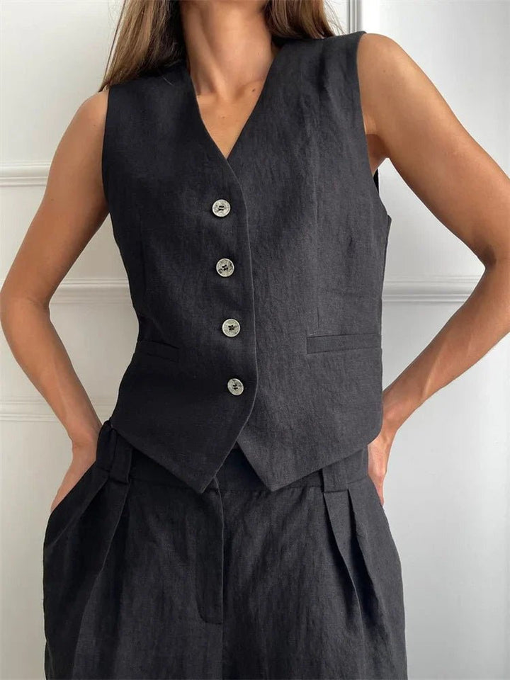 Amelia | Women's Sleeveless Linen Waistcoat Wide-Leg Trouser Set