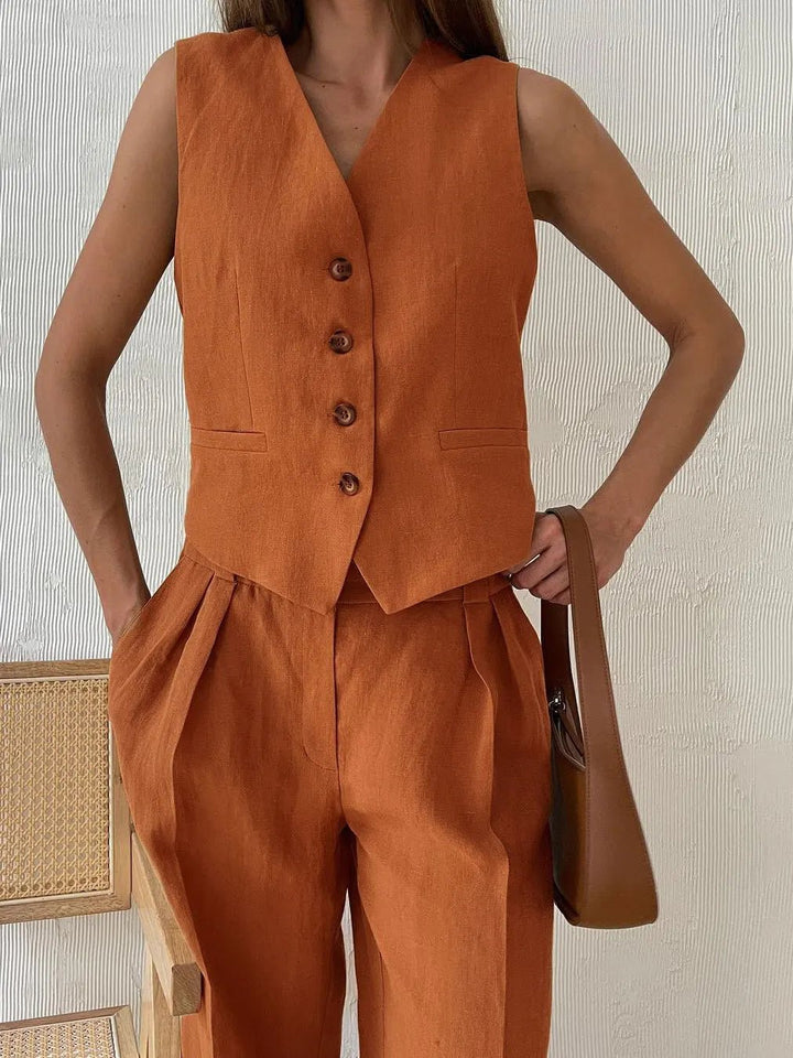 Amelia | Women's Sleeveless Linen Waistcoat Wide-Leg Trouser Set