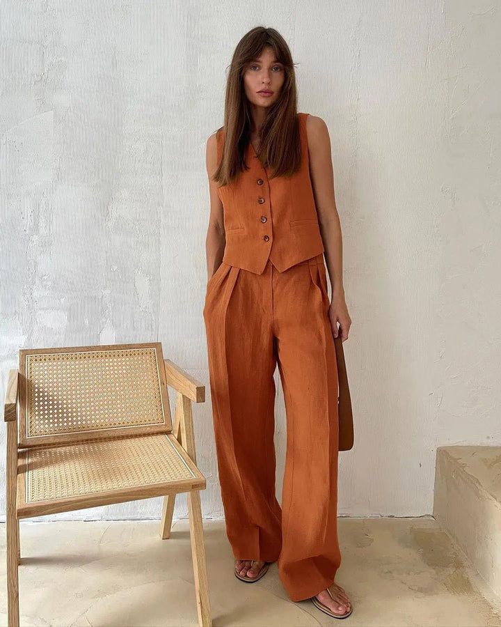 Amelia | Women's Sleeveless Linen Waistcoat Wide-Leg Trouser Set