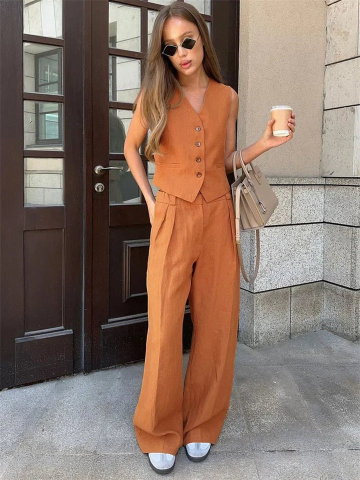Amelia | Women's Sleeveless Linen Waistcoat Wide-Leg Trouser Set