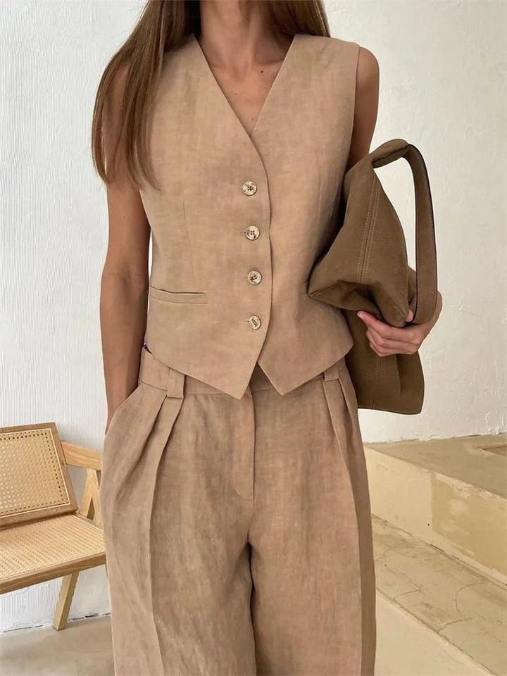 Amelia | Women's Sleeveless Linen Waistcoat Wide-Leg Trouser Set