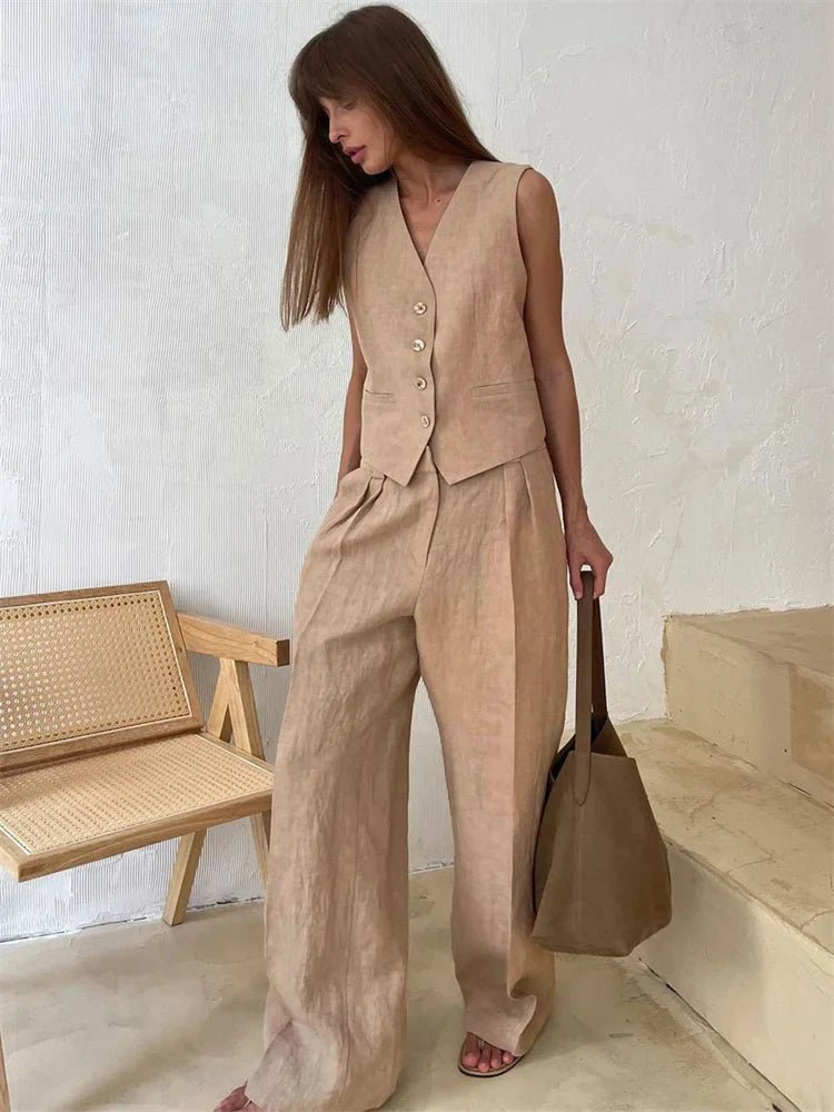 Amelia | Women's Sleeveless Linen Waistcoat Wide-Leg Trouser Set