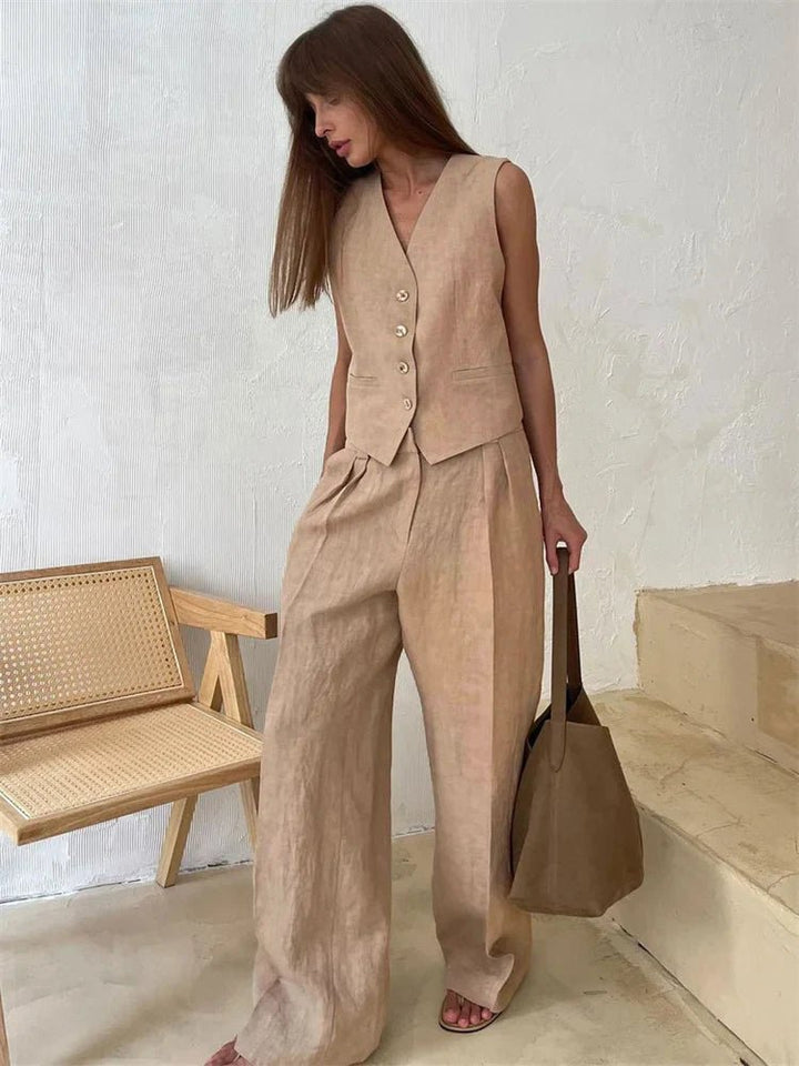 Amelia | Women's Sleeveless Linen Waistcoat Wide-Leg Trouser Set
