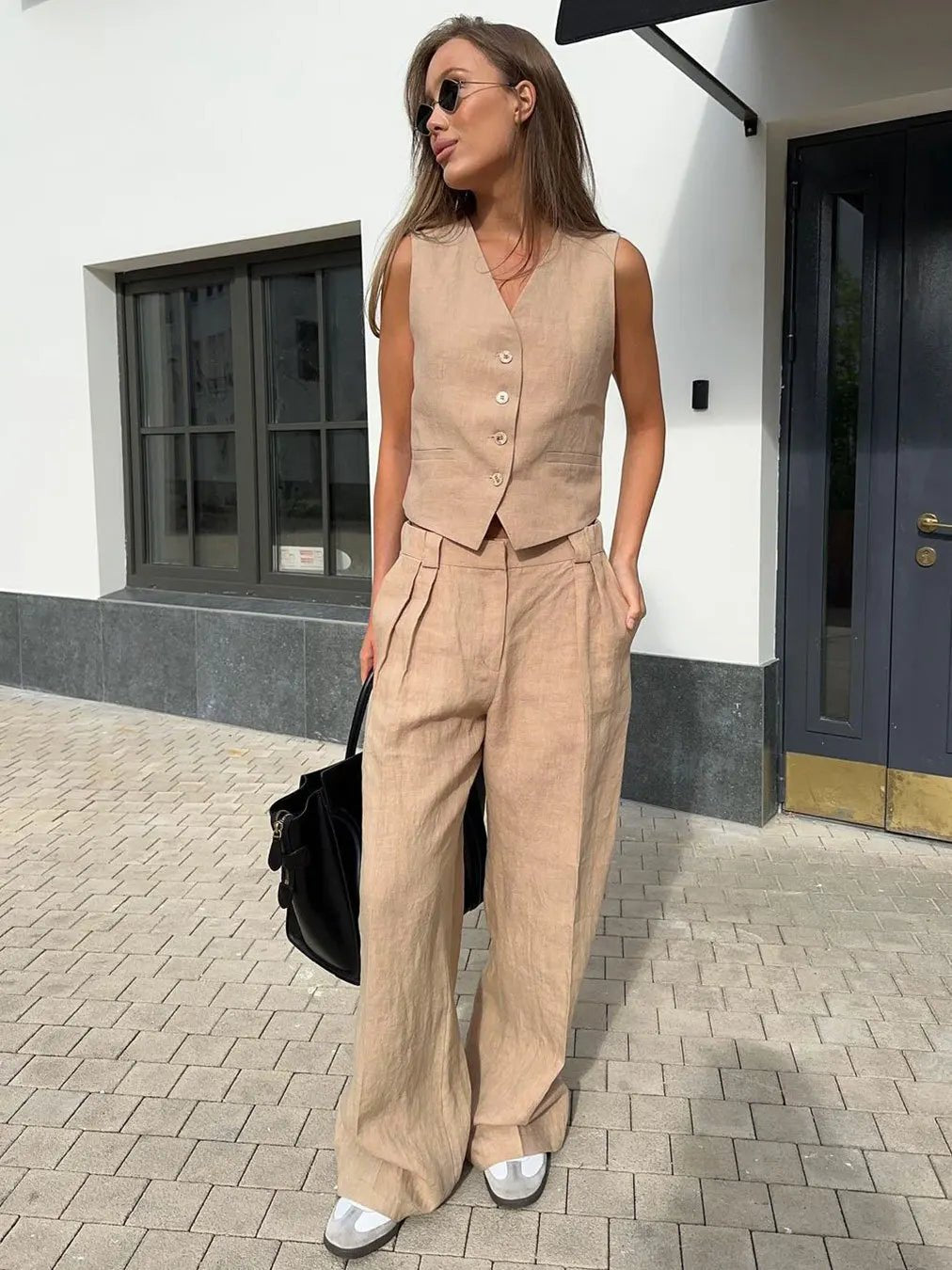 Amelia | Women's Sleeveless Linen Waistcoat Wide-Leg Trouser Set