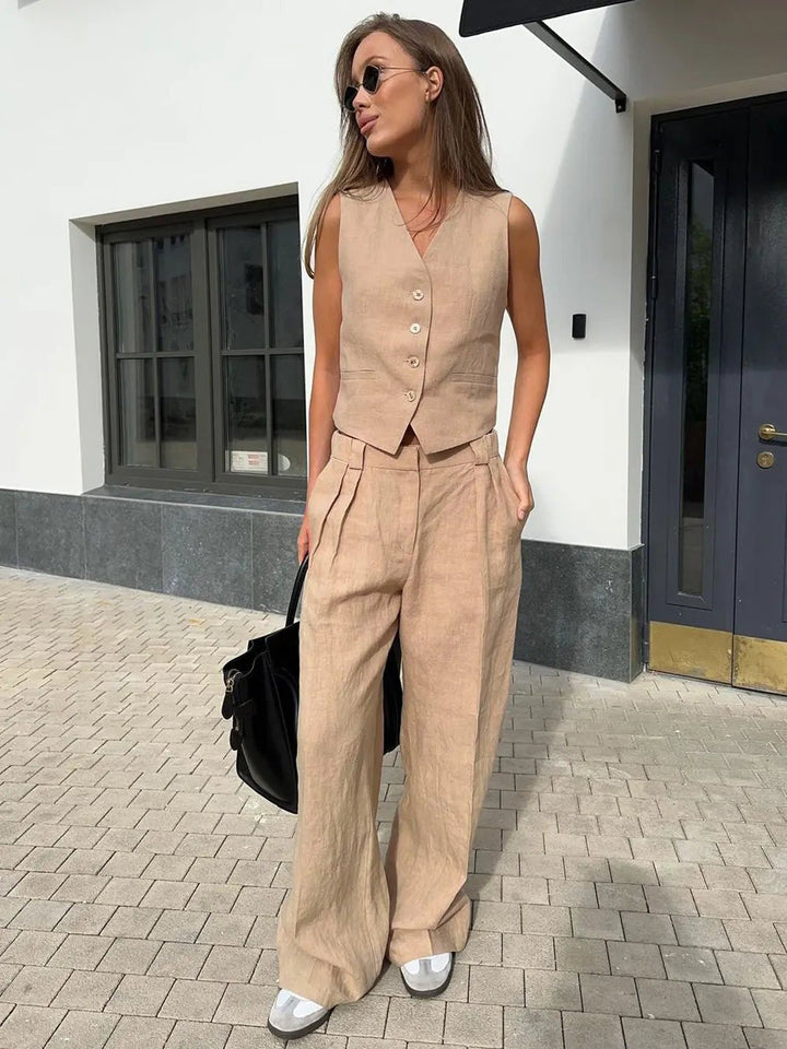 Amelia | Women's Sleeveless Linen Waistcoat Wide-Leg Trouser Set