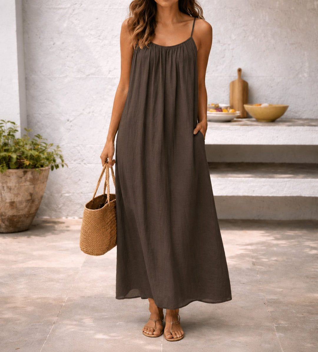 Isla | Women's Spaghetti Strap Loose-Fit Linen Maxi Dress Pockets