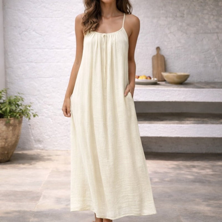 Isla | Women's Spaghetti Strap Loose-Fit Linen Maxi Dress Pockets