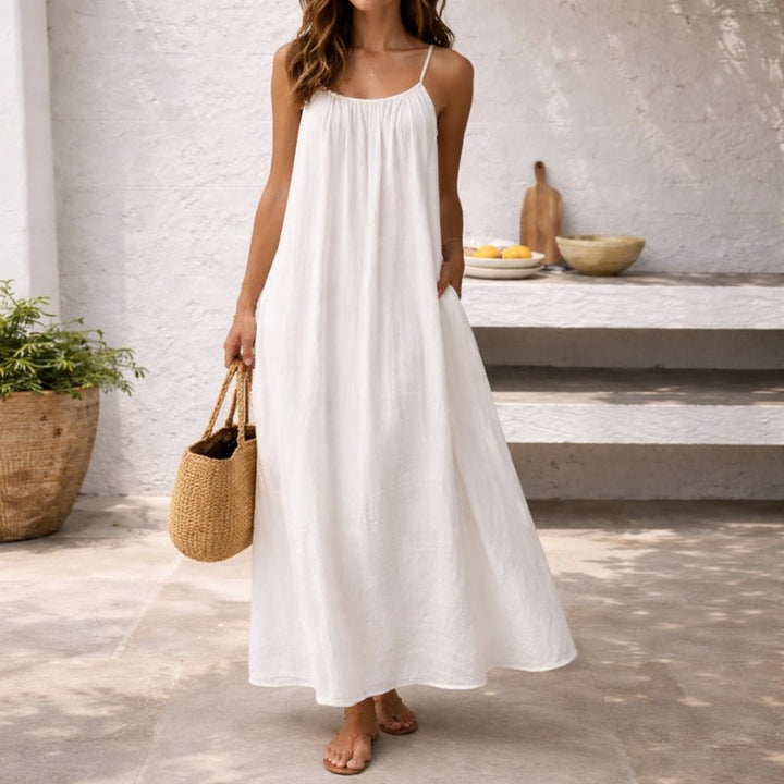 Isla | Women's Spaghetti Strap Loose-Fit Linen Maxi Dress Pockets