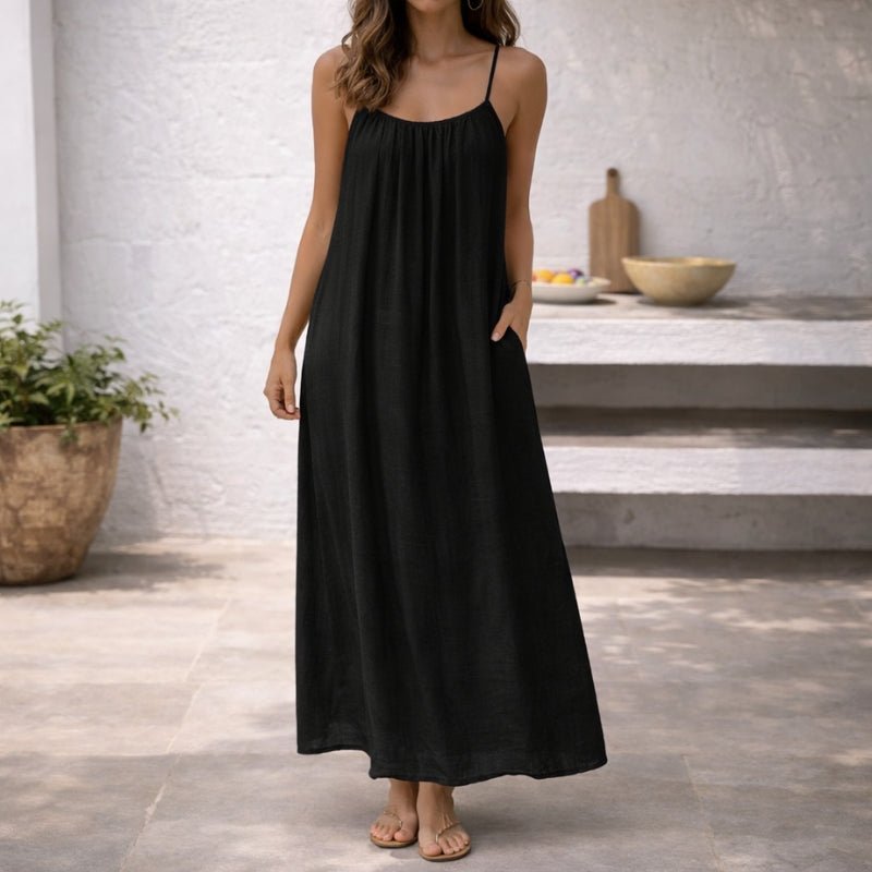 Isla | Women's Spaghetti Strap Loose-Fit Linen Maxi Dress Pockets