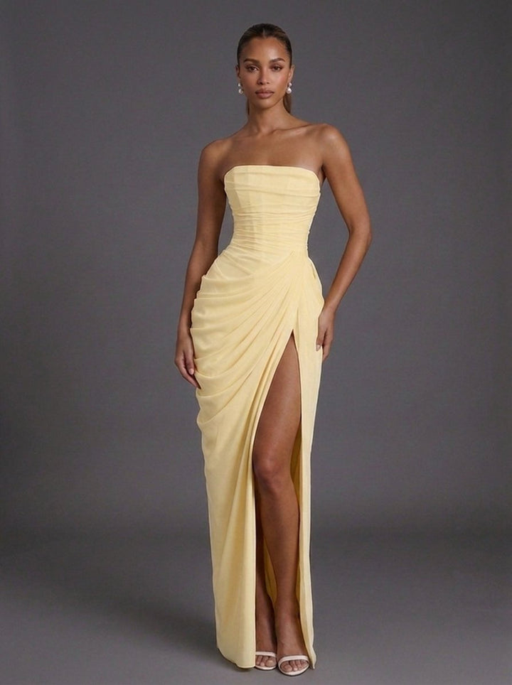 Lily | Women's Strapless Corset Ruched Split Maxi Dress