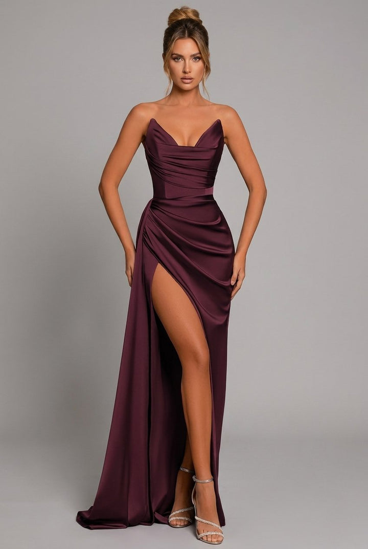 Sienna | Women's Strapless Satin Maxi Dress with Ruched Bodice and High Slit