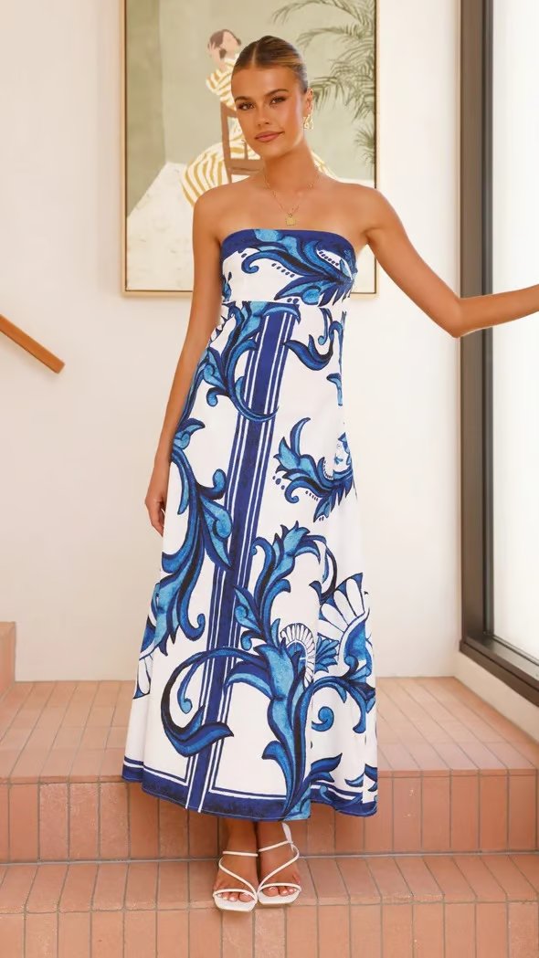 Emily | Women's Strapless Vintage Printed Maxi Tube Dress