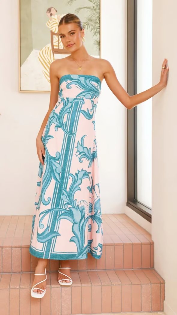 Emily | Women's Strapless Vintage Printed Maxi Tube Dress