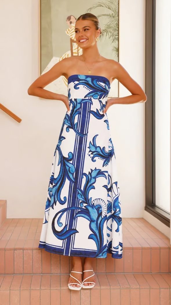 Emily | Women's Strapless Vintage Printed Maxi Tube Dress