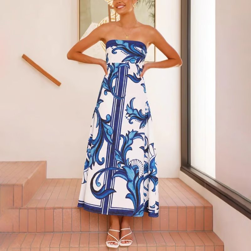Emily | Women's Strapless Vintage Printed Maxi Tube Dress