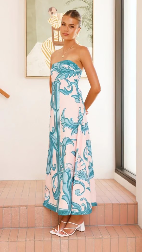 Emily | Women's Strapless Vintage Printed Maxi Tube Dress