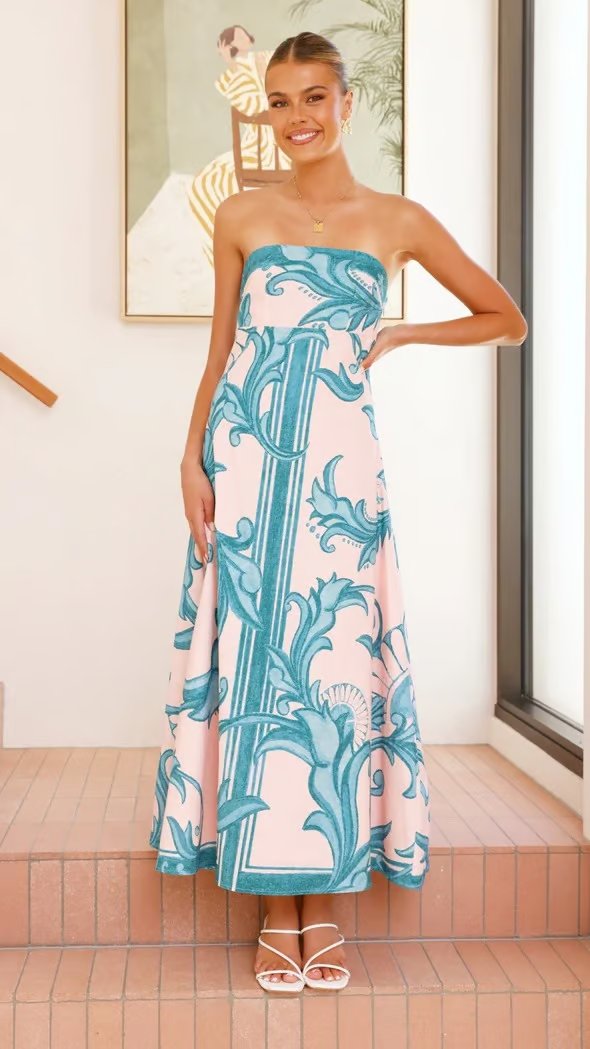 Emily | Women's Strapless Vintage Printed Maxi Tube Dress