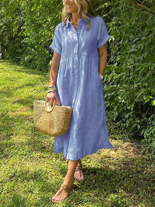 Scarlett | Women's Striped Button-Front Midi Shirt Dress Short Sleeves