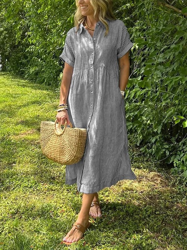 Scarlett | Women's Striped Button-Front Midi Shirt Dress Short Sleeves