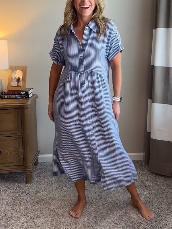 Scarlett | Women's Striped Button-Front Midi Shirt Dress Short Sleeves