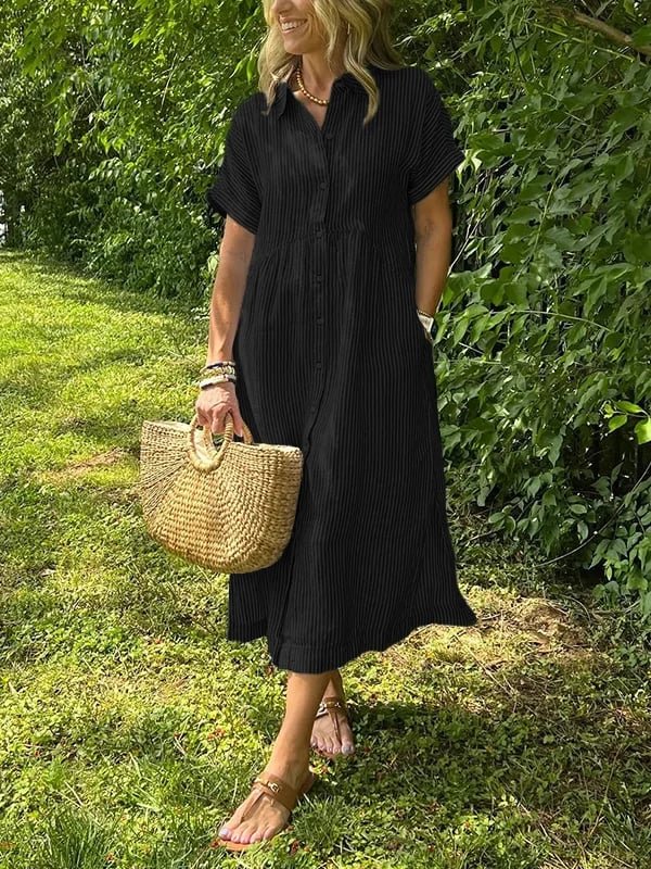 Scarlett | Women's Striped Button-Front Midi Shirt Dress Short Sleeves