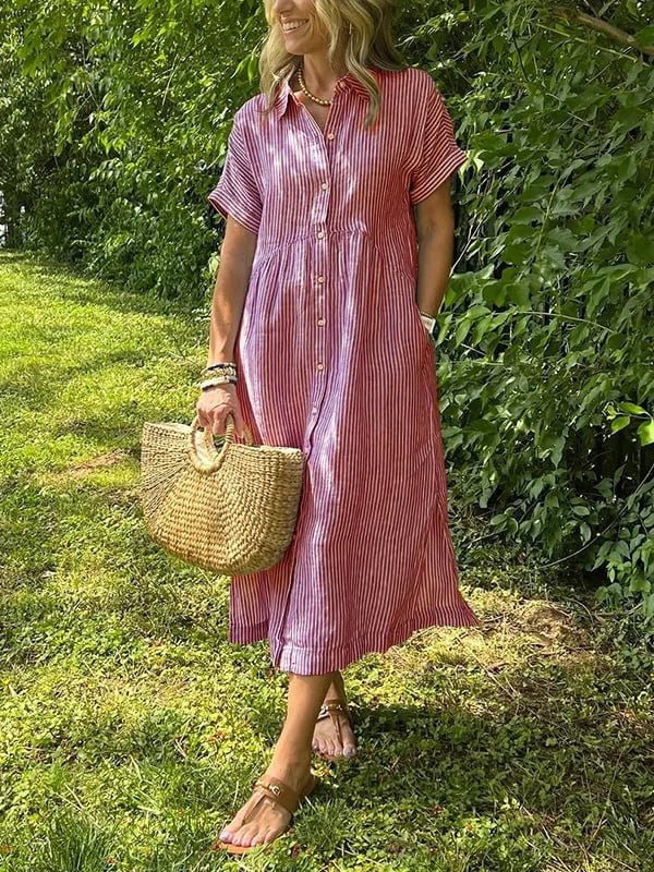 Scarlett | Women's Striped Button-Front Midi Shirt Dress Short Sleeves