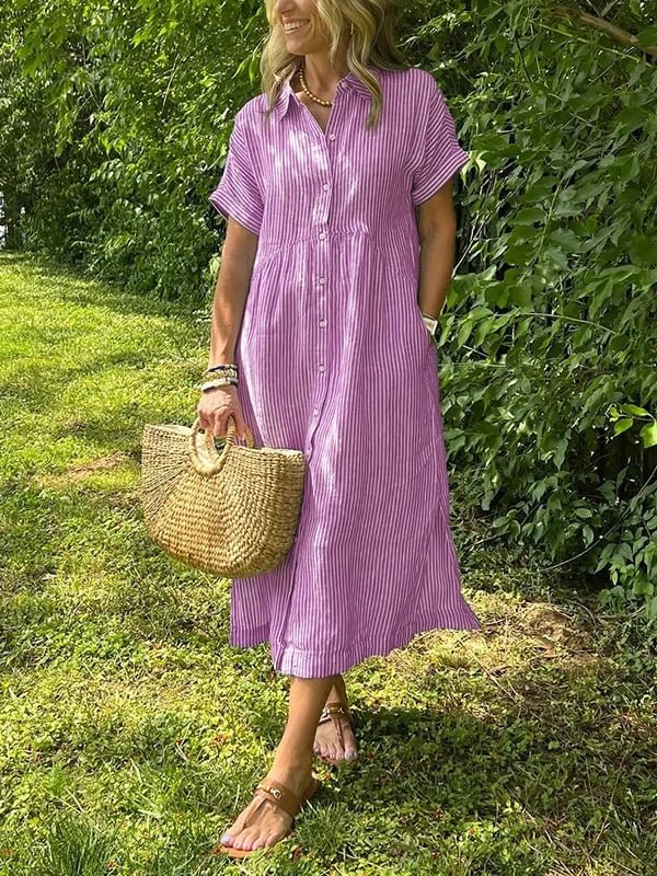 Scarlett | Women's Striped Button-Front Midi Shirt Dress Short Sleeves