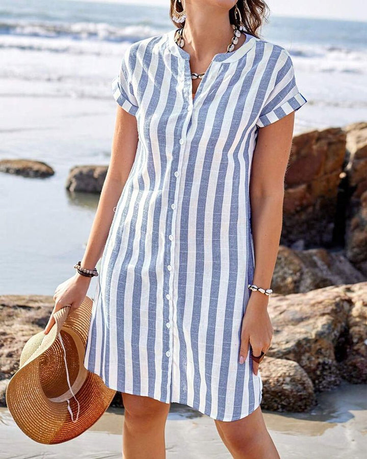 Lily | Women's Striped Button-Up Short-Sleeve Shirt Dress