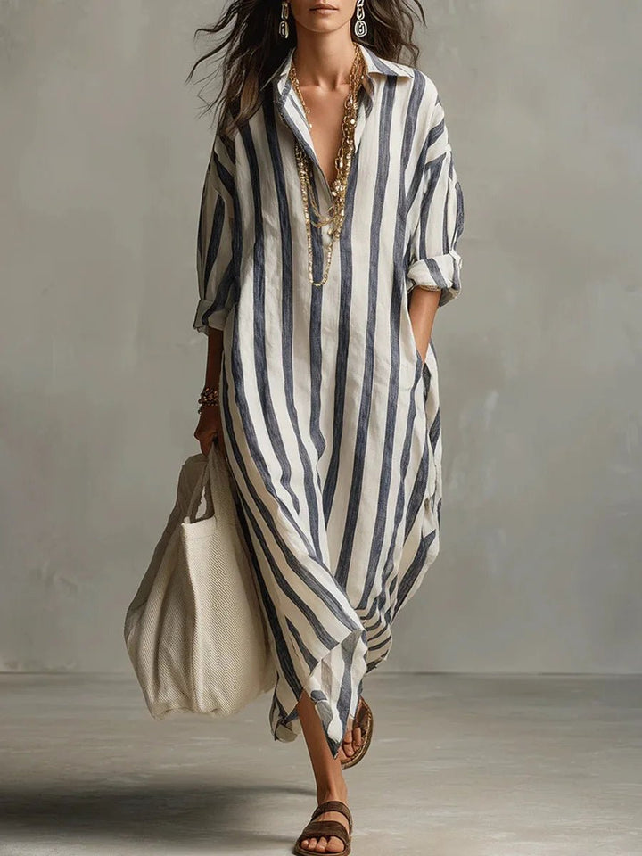Emily | Women's Striped Linen Oversized Maxi Shirt Dress