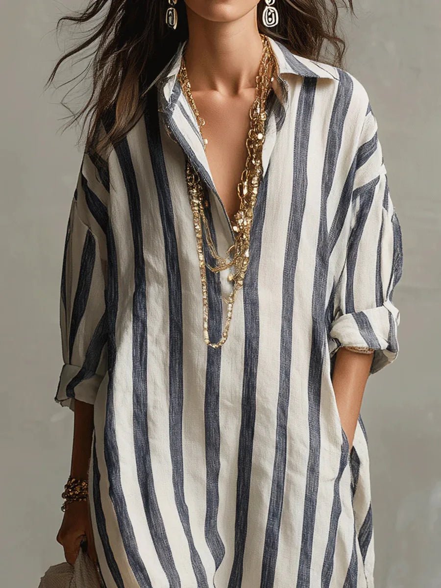 Emily | Women's Striped Linen Oversized Maxi Shirt Dress