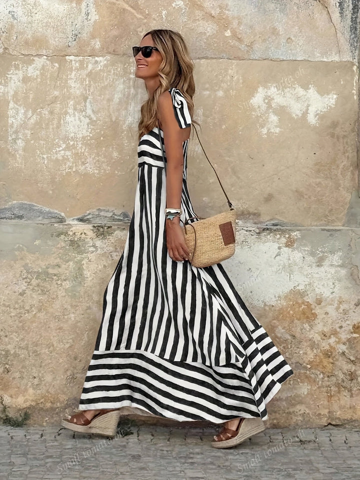 Olivia | Women's Striped Tie-Strap Flared Maxi Dress