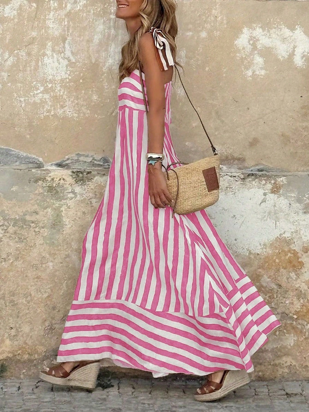 Olivia | Women's Striped Tie-Strap Flared Maxi Dress